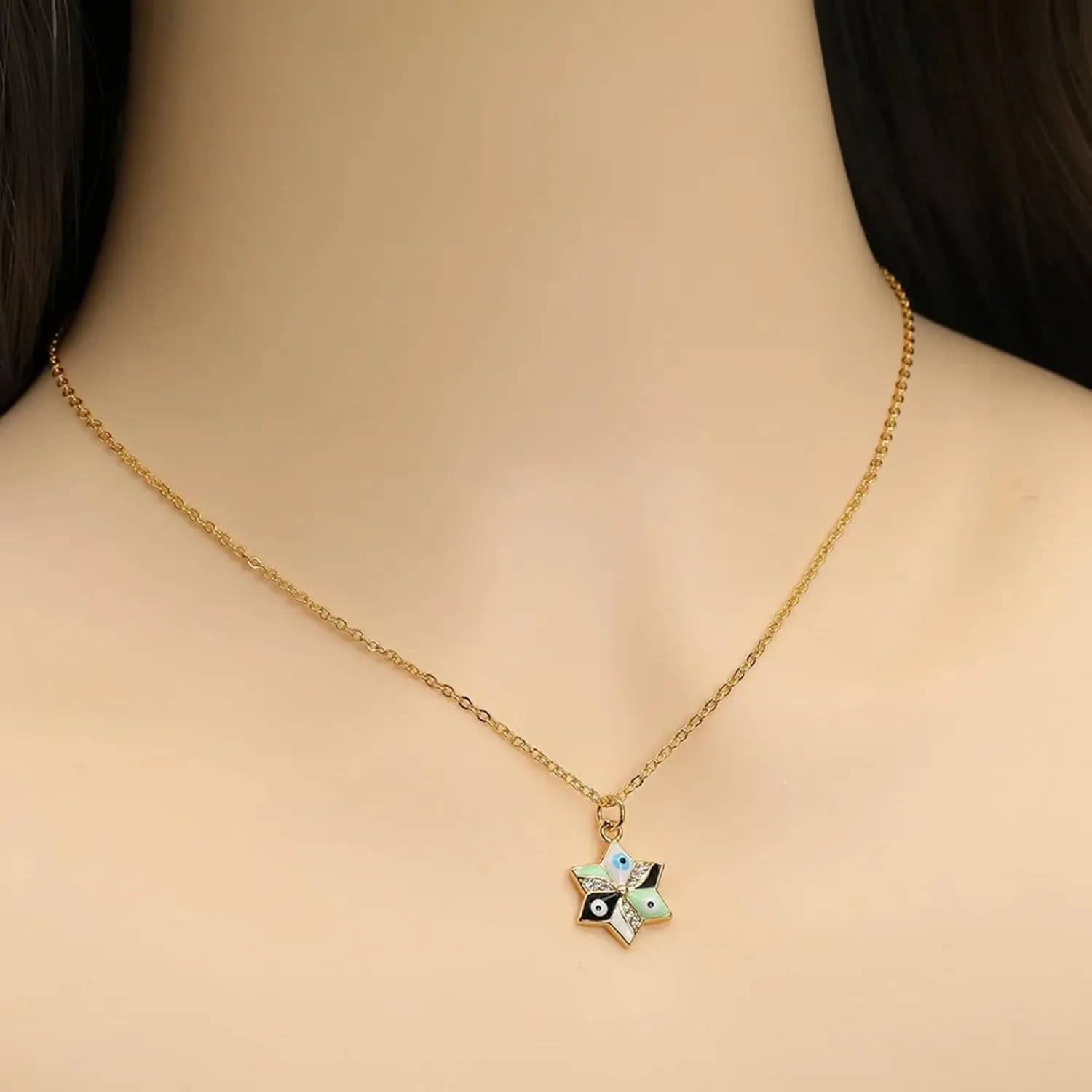 Copper Micro-inlaid Dripping Oil Hexagram Evil Eye Jewish Star of David Pendant Chain Necklace Unisex Multicolor Enamel Cubic Zirconia Crystal Stone Hip-Hop Personality Jewelry Gift