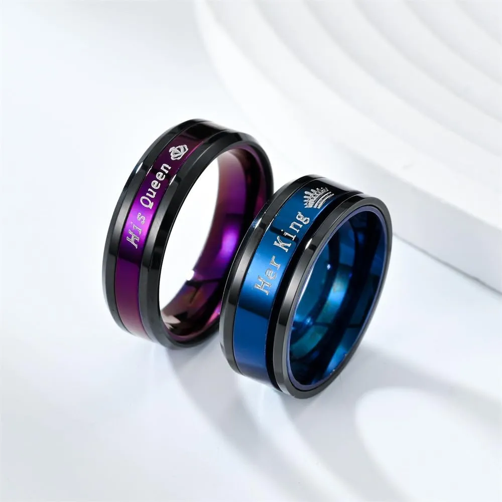 Couple Rings Blue Her King Purple His Queen Crown Stainless Steel Promise Rings Engagement Anniversary Wedding Bands