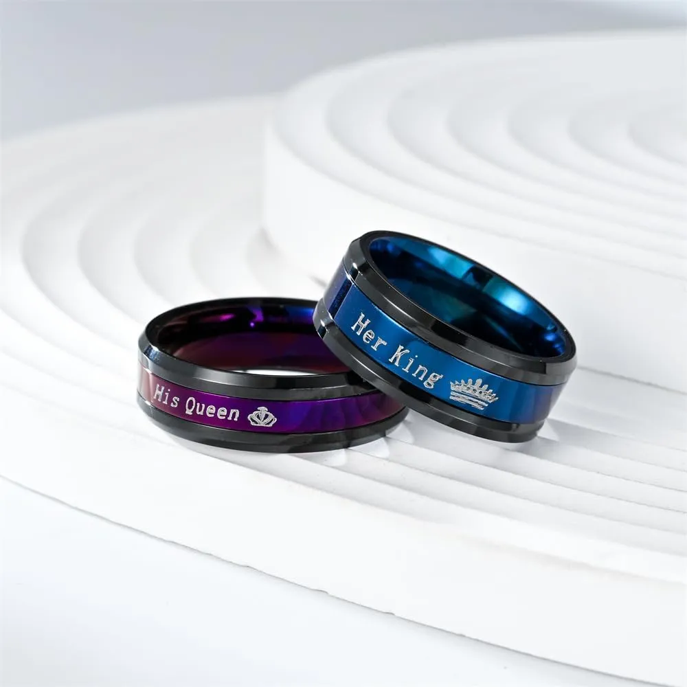Couple Rings Blue Her King Purple His Queen Crown Stainless Steel Promise Rings Engagement Anniversary Wedding Bands