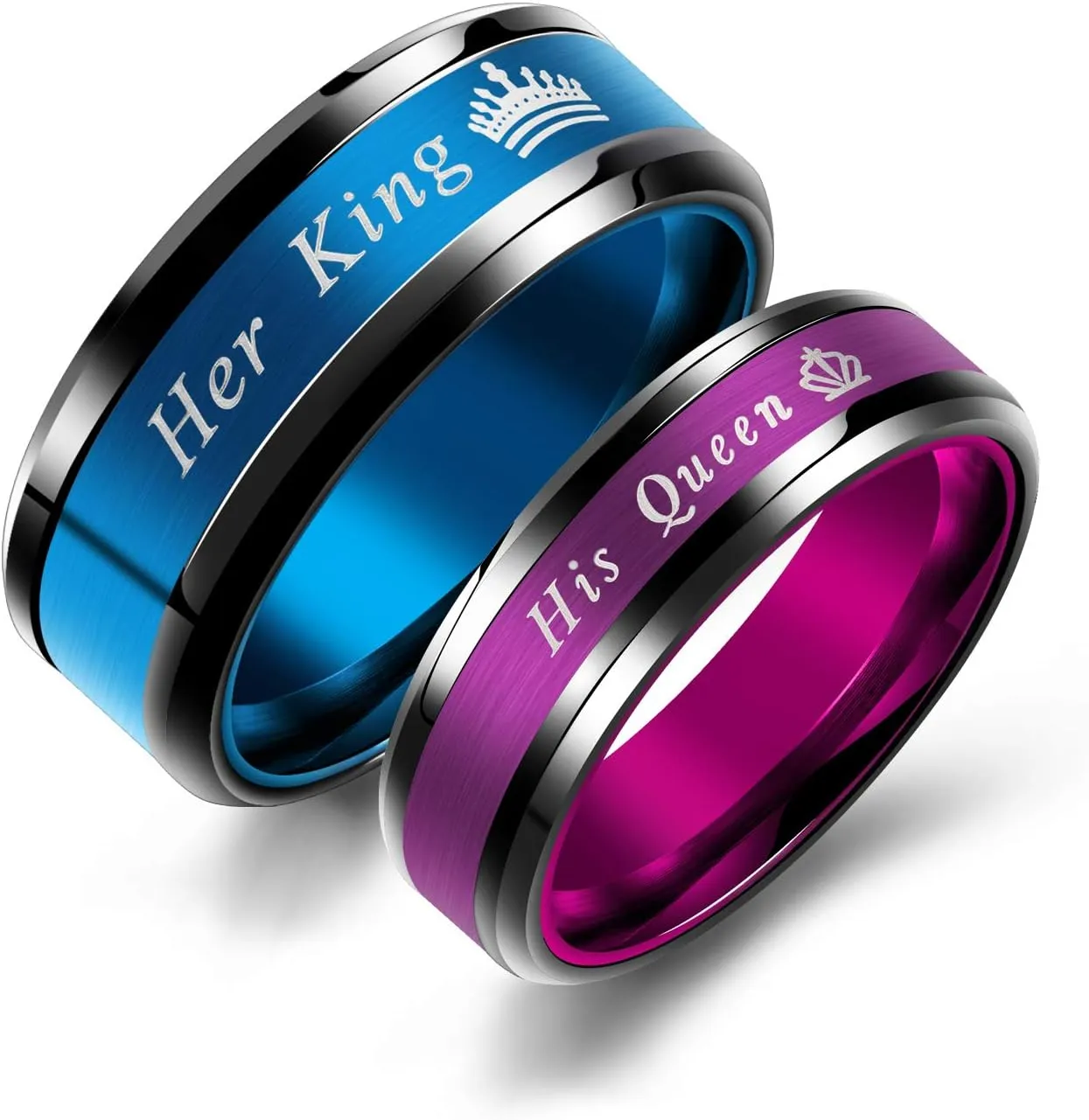 Couple Rings Purple His Queen Blue Her King Crown Stainless Steel Promise Rings Wedding Engagement Band (Purple (His Queen), 10)