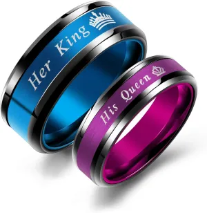 Couple Rings Purple His Queen Blue Her King Crown Stainless Steel Promise Rings Wedding Engagement Band (Purple (His Queen), 10)