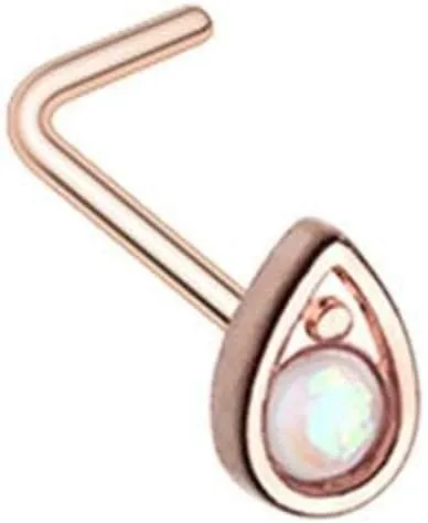 Covet Jewelry Rose Gold Grand Opal Tear Drop L-Shape Nose Ring