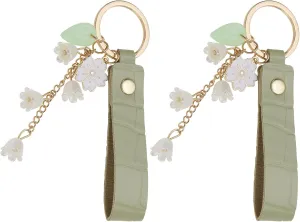 Create idea 2Pcs Lily of The Valley Flower Key Chain for Car Keys Leather Key Rings Handbag Key Chain with Grass Green Strap and Gold Clasp (1.7x18cm)