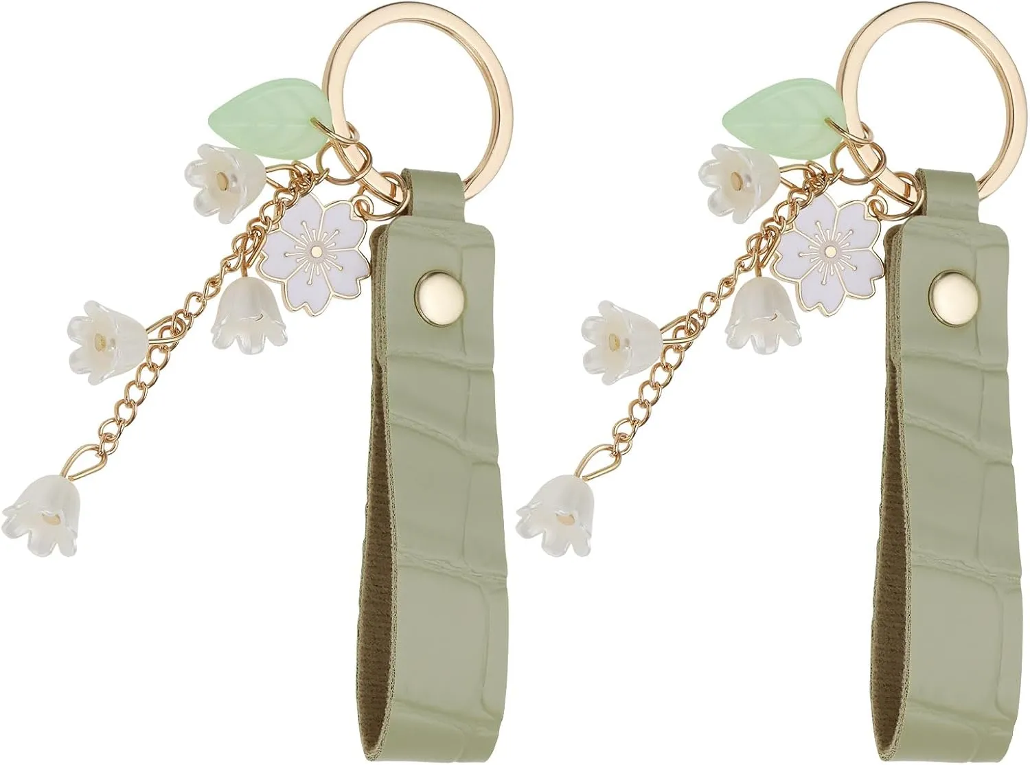 Create idea 2Pcs Lily of The Valley Flower Key Chain for Car Keys Leather Key Rings Handbag Key Chain with Grass Green Strap and Gold Clasp (1.7x18cm)