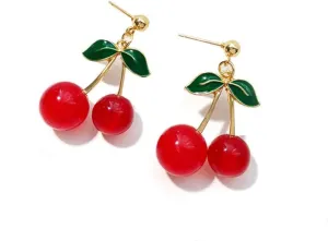 Creative Lifelike Sweet and Lovely Cherry Dangle Drop Earrings 3D Red Leaf Fruit Crystal Statement Earrings Jewelry Birthday Funny Gift