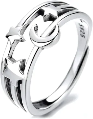 Crescent Moon Star Open Eternity Promise Rings Sterling Silver 925 Adjustable Vintage Layered Statement Stacking Engagement Ring Finger Band Fashion Jewelry Gifts for Women BFF