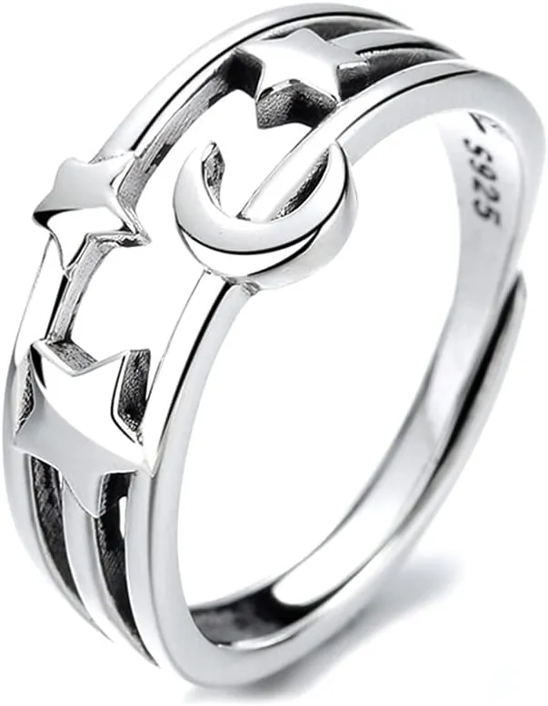 Crescent Moon Star Open Eternity Promise Rings Sterling Silver 925 Adjustable Vintage Layered Statement Stacking Engagement Ring Finger Band Fashion Jewelry Gifts for Women BFF