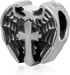 Cross Charm in Angel Wing Heart Charms fit Pandora Christian Bracelet, Antique 925 Sterling Silver Prayer Cross Religious Faith Beads, Gifts for Christmas/Mothers Day/Easter
