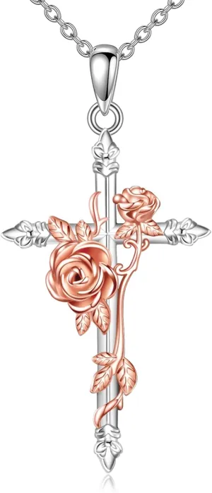 Cross necklace 925 Sterling Silver Rose Birth Flower Pendant Necklace Crose Pendant Necklace Cross Necklace for Women