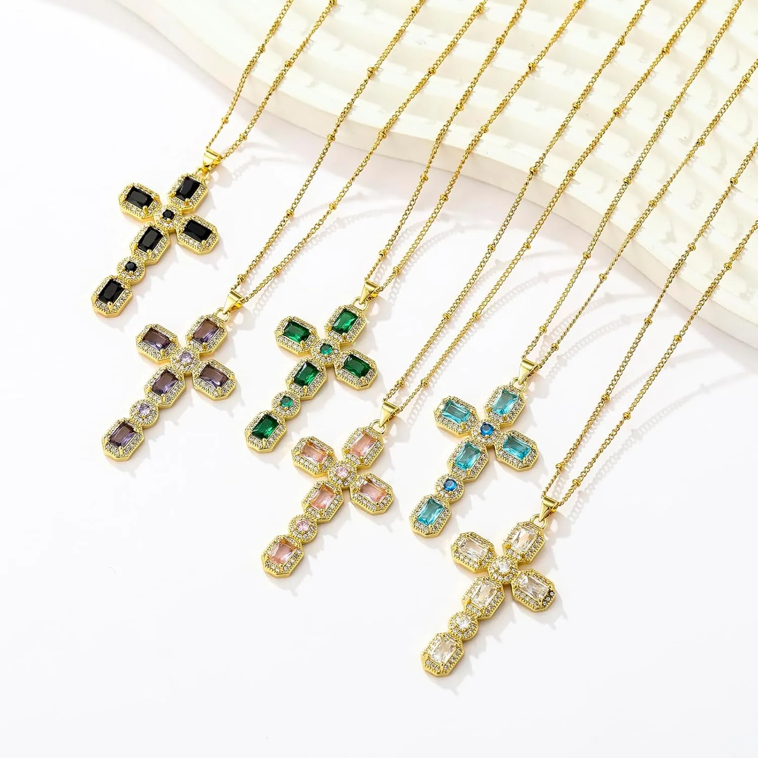Cross Necklace for Women Diamond Cross Pendant Necklace Cubic Zirconia Crystal Birthstone Cross Necklace Religious Gifts for Women