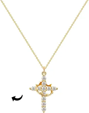 Crown Cross Necklace Cross Rotated Crown Necklace for Women Cross Necklace with Crown Diamond Cross Necklace Dainty Sterling Silver/14k Gold Cubic Zirconia Pendant Necklaces Jewelry Gifts for Women/Men