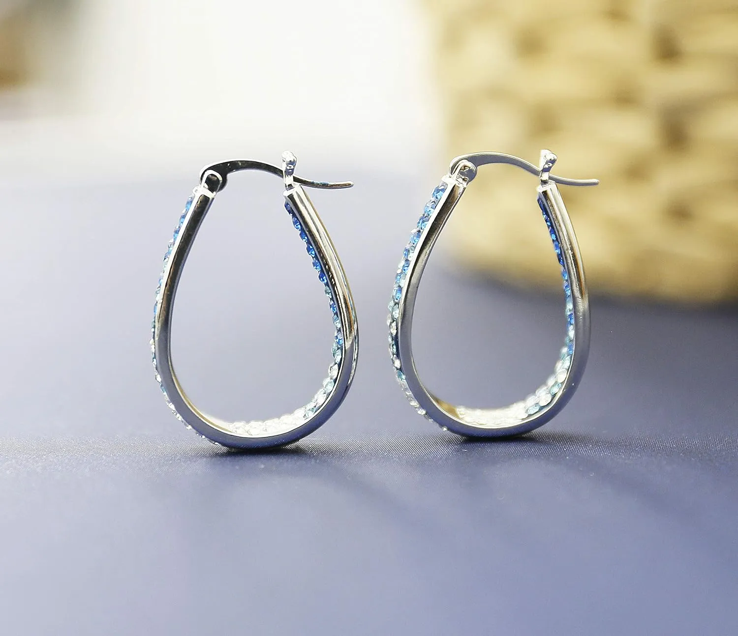 Crystal Hoop Earrings - Silver Plated Inside Out Oval Shape Hoop Earrings for Women, 1.2 Inch