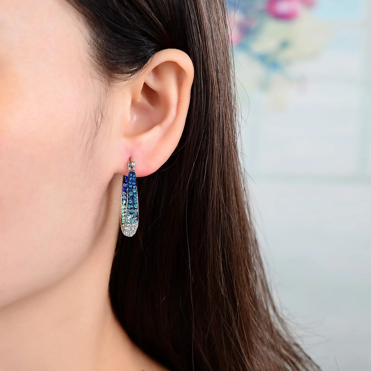 Crystal Hoop Earrings - Silver Plated Inside Out Oval Shape Hoop Earrings for Women, 1.2 Inch