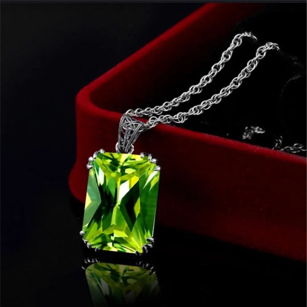 Crystal Rectangle Pendant Necklace Earrings Colorful Blue Green Cubic Zirconia Rectangle Dangle Earrings Necklace for Women Zircon Jewelry Gift