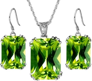 Crystal Rectangle Pendant Necklace Earrings Colorful Blue Green Cubic Zirconia Rectangle Dangle Earrings Necklace for Women Zircon Jewelry Gift