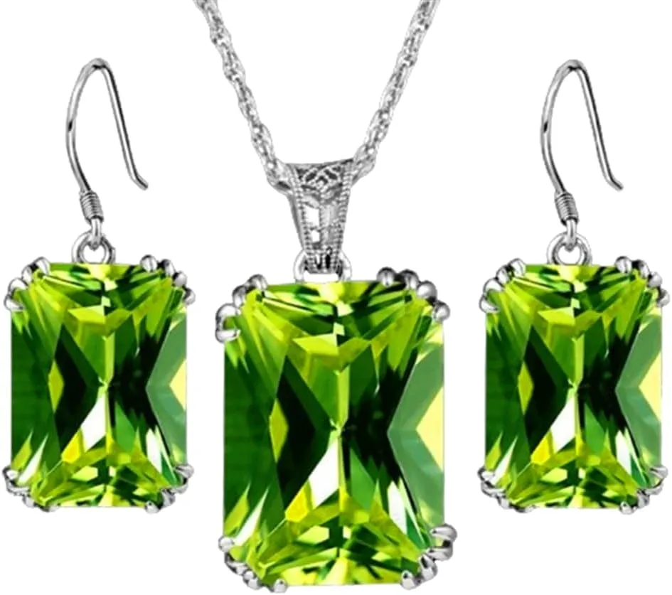 Crystal Rectangle Pendant Necklace Earrings Colorful Blue Green Cubic Zirconia Rectangle Dangle Earrings Necklace for Women Zircon Jewelry Gift
