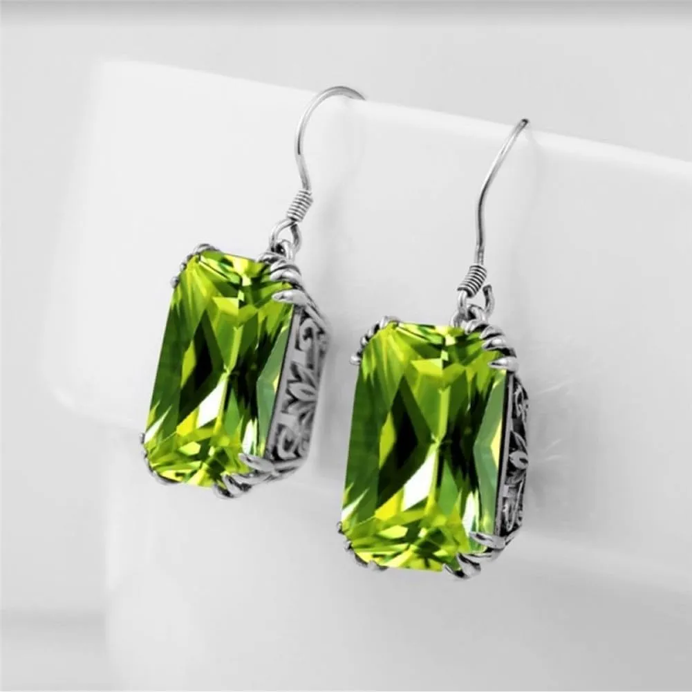 Crystal Rectangle Pendant Necklace Earrings Colorful Blue Green Cubic Zirconia Rectangle Dangle Earrings Necklace for Women Zircon Jewelry Gift
