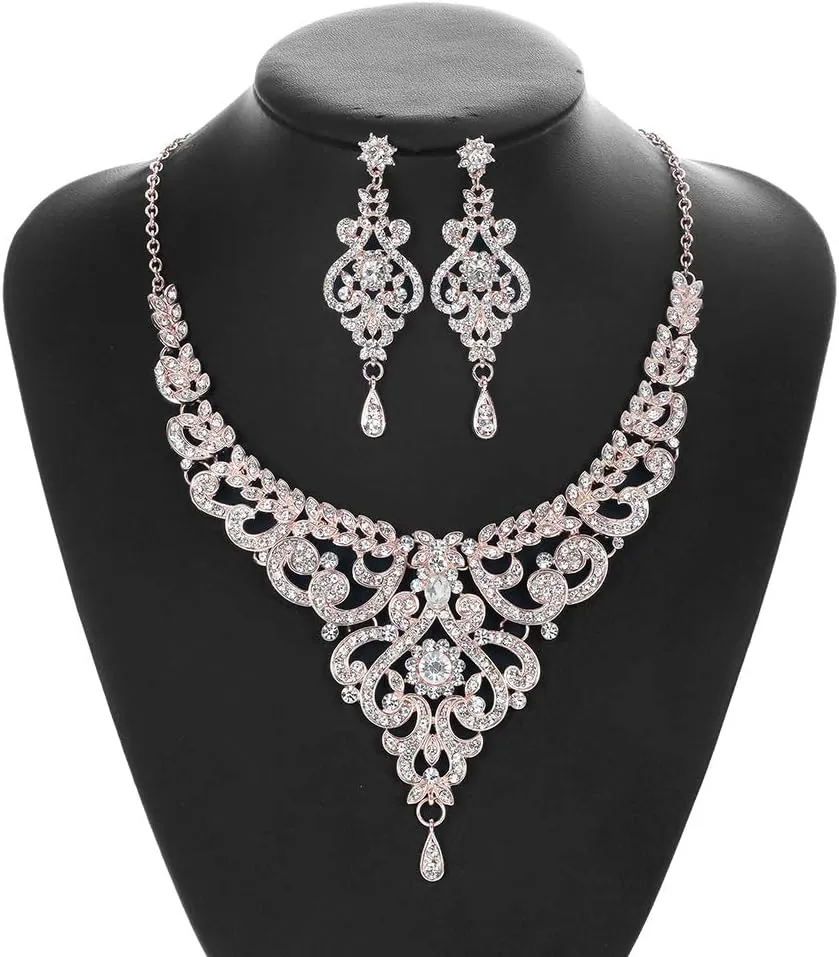 Crystal Wedding Jewelry Set Necklace Earring Set For Women and Brides Rose Gold and Silver Bridal Statement Jewelry sets