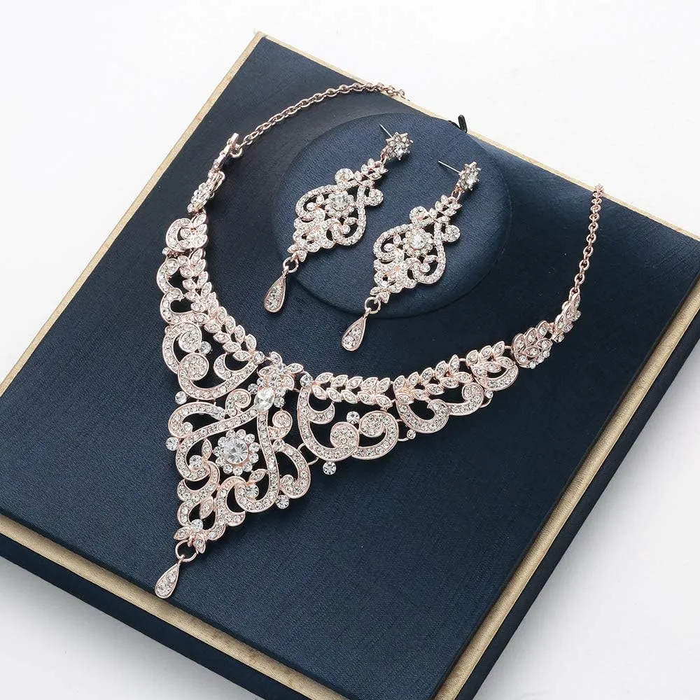 Crystal Wedding Jewelry Set Necklace Earring Set For Women and Brides Rose Gold and Silver Bridal Statement Jewelry sets