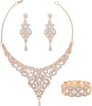 Crystal Wedding Jewelry Set Necklace Earring Set For Women and Brides Rose Gold and Silver Bridal Statement Jewelry sets