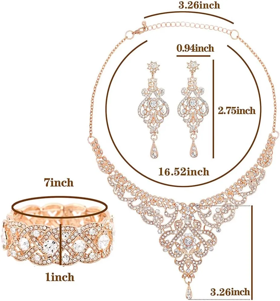 Crystal Wedding Jewelry Set Necklace Earring Set For Women and Brides Rose Gold and Silver Bridal Statement Jewelry sets