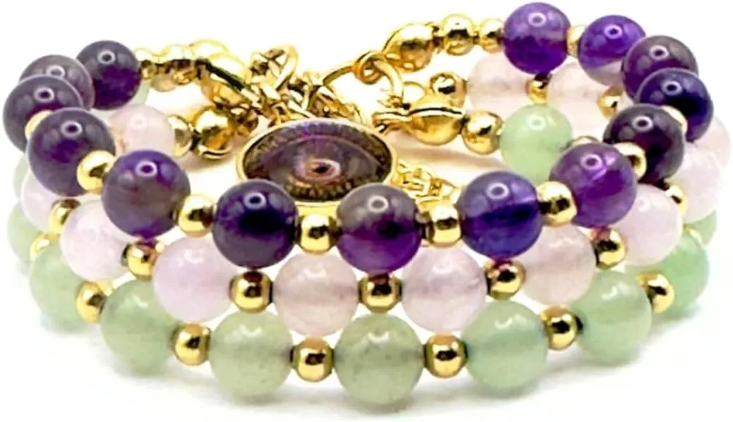 Crystals and Healing Stones Bracelet Amethyst Rose-Quartz Aventurine Gemstones with Evil Eye Charm for Anxiety Depression Positivity and Protection