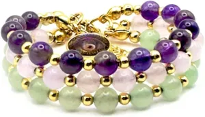 Crystals and Healing Stones Bracelet Amethyst Rose-Quartz Aventurine Gemstones with Evil Eye Charm for Anxiety Depression Positivity and Protection