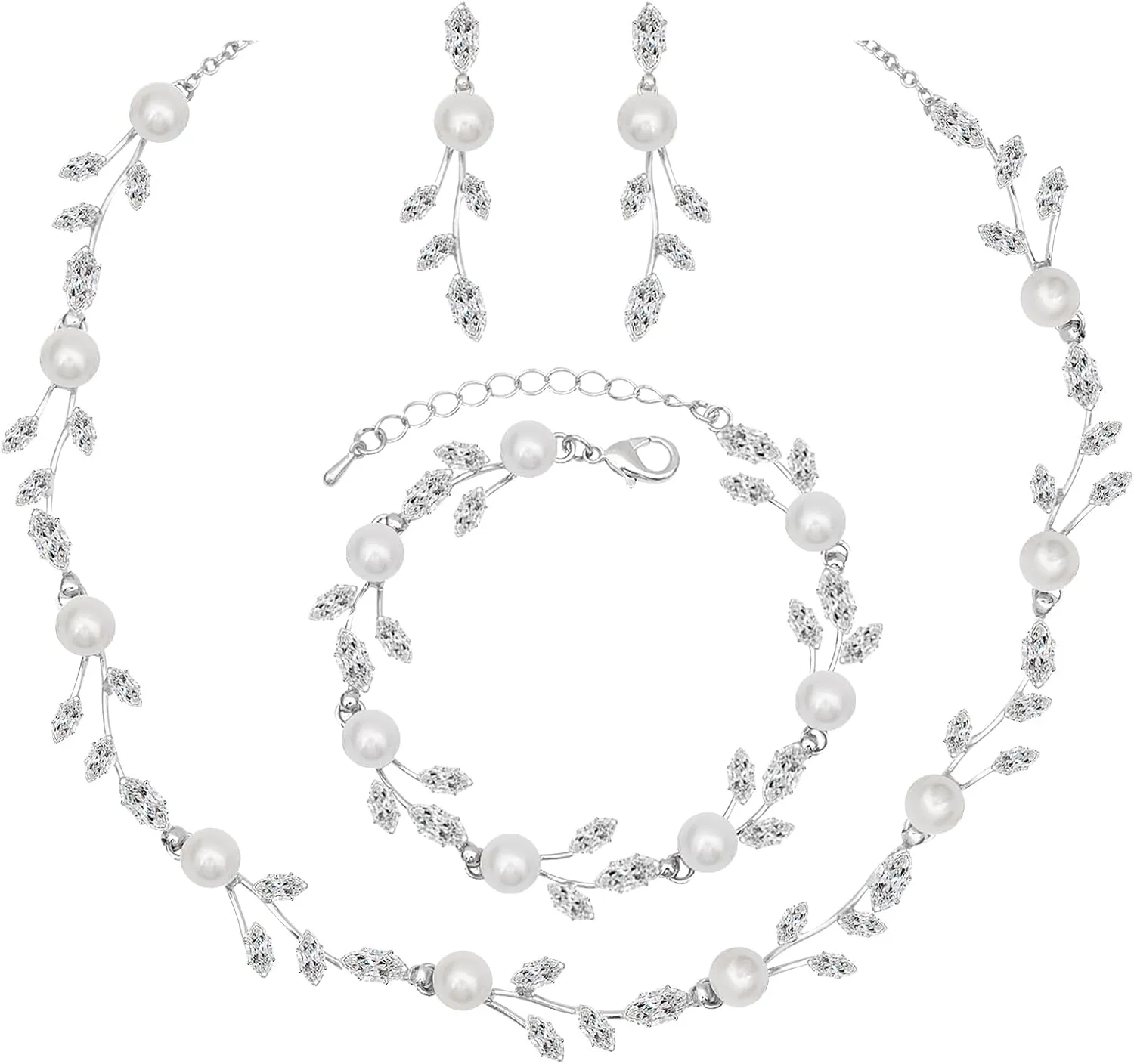 CSY Luxury Bridal Necklace Earrings Bracelet Cubic Zirconia Wedding Jewelry for Bride CZ Crystal Pearl Floral Vine Silver Jewelry Set Women