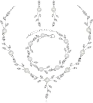 CSY Luxury Bridal Necklace Earrings Bracelet Cubic Zirconia Wedding Jewelry for Bride CZ Crystal Pearl Floral Vine Silver Jewelry Set Women