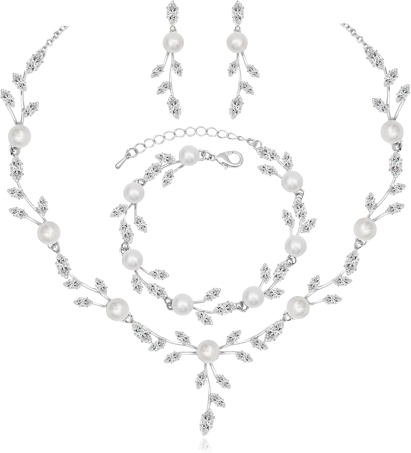 CSY Luxury Bridal Necklace Earrings Bracelet Cubic Zirconia Wedding Jewelry for Bride CZ Crystal Pearl Floral Vine Silver Jewelry Set Women