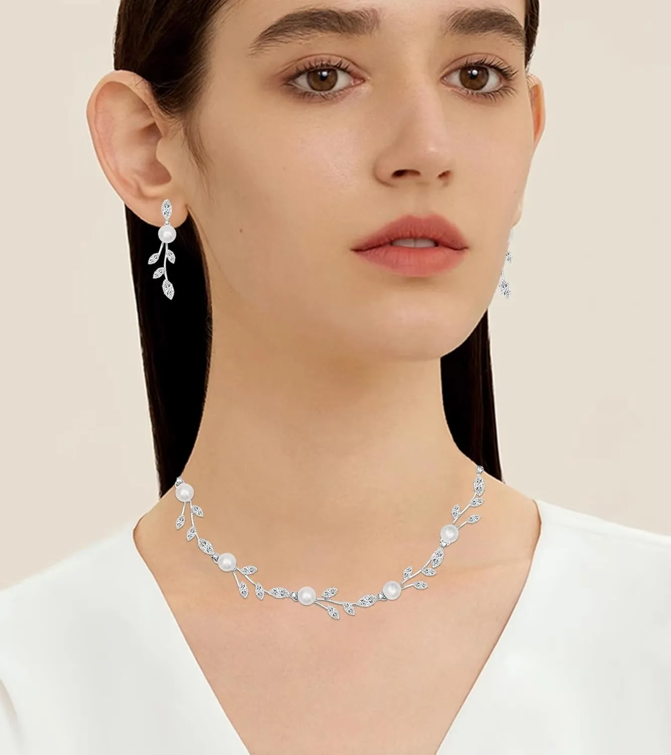 CSY Luxury Bridal Necklace Earrings Bracelet Cubic Zirconia Wedding Jewelry for Bride CZ Crystal Pearl Floral Vine Silver Jewelry Set Women
