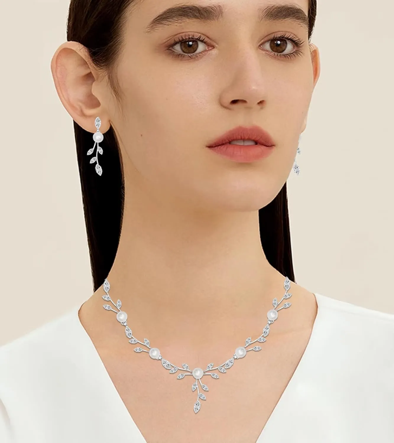 CSY Luxury Bridal Necklace Earrings Bracelet Cubic Zirconia Wedding Jewelry for Bride CZ Crystal Pearl Floral Vine Silver Jewelry Set Women