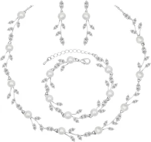 CSY Luxury Bridal Necklace Earrings Bracelet Cubic Zirconia Wedding Jewelry for Bride CZ Crystal Pearl Floral Vine Silver Jewelry Set Women