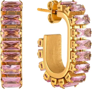 Cubic Zirconia Hoop Earrings, Rectangular Huggies With Baguette Cut Rhinestones, Hypoallergenic, 18k Gold Plated Stainless Steel Jewelry Gift for Women