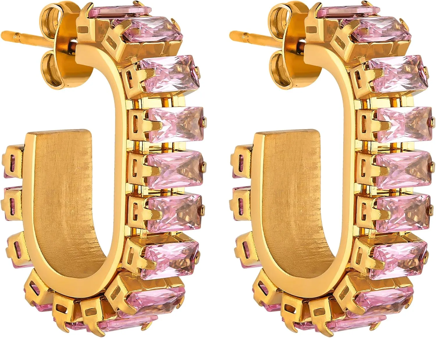 Cubic Zirconia Hoop Earrings, Rectangular Huggies With Baguette Cut Rhinestones, Hypoallergenic, 18k Gold Plated Stainless Steel Jewelry Gift for Women