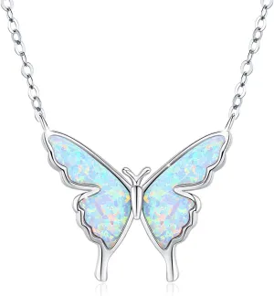 CUOKA MIRACLE Opal Butterfly Necklace for Women 925 Sterling Silver Dainty Cute Butterfly Charm Jewelry Delicate Pendant Butterfly Necklace Birthday Christmas Gift for Wife Girlfriend Mom Teen