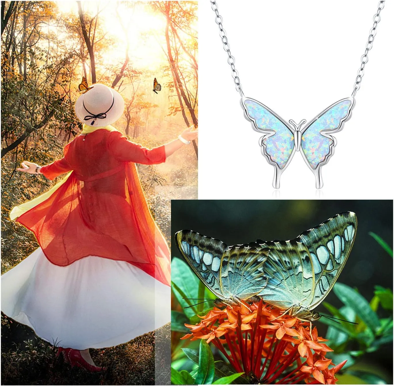 CUOKA MIRACLE Opal Butterfly Necklace for Women 925 Sterling Silver Dainty Cute Butterfly Charm Jewelry Delicate Pendant Butterfly Necklace Birthday Christmas Gift for Wife Girlfriend Mom Teen
