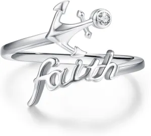 CUOKA MIRACLE Sterling Silver Anchor Rings,Faith Rings Nautical Anchor Jewelry Ocean Rings for Women Adjustable Open Ring Wedding Promise Jewelry Valentines Day Gifts(#10)