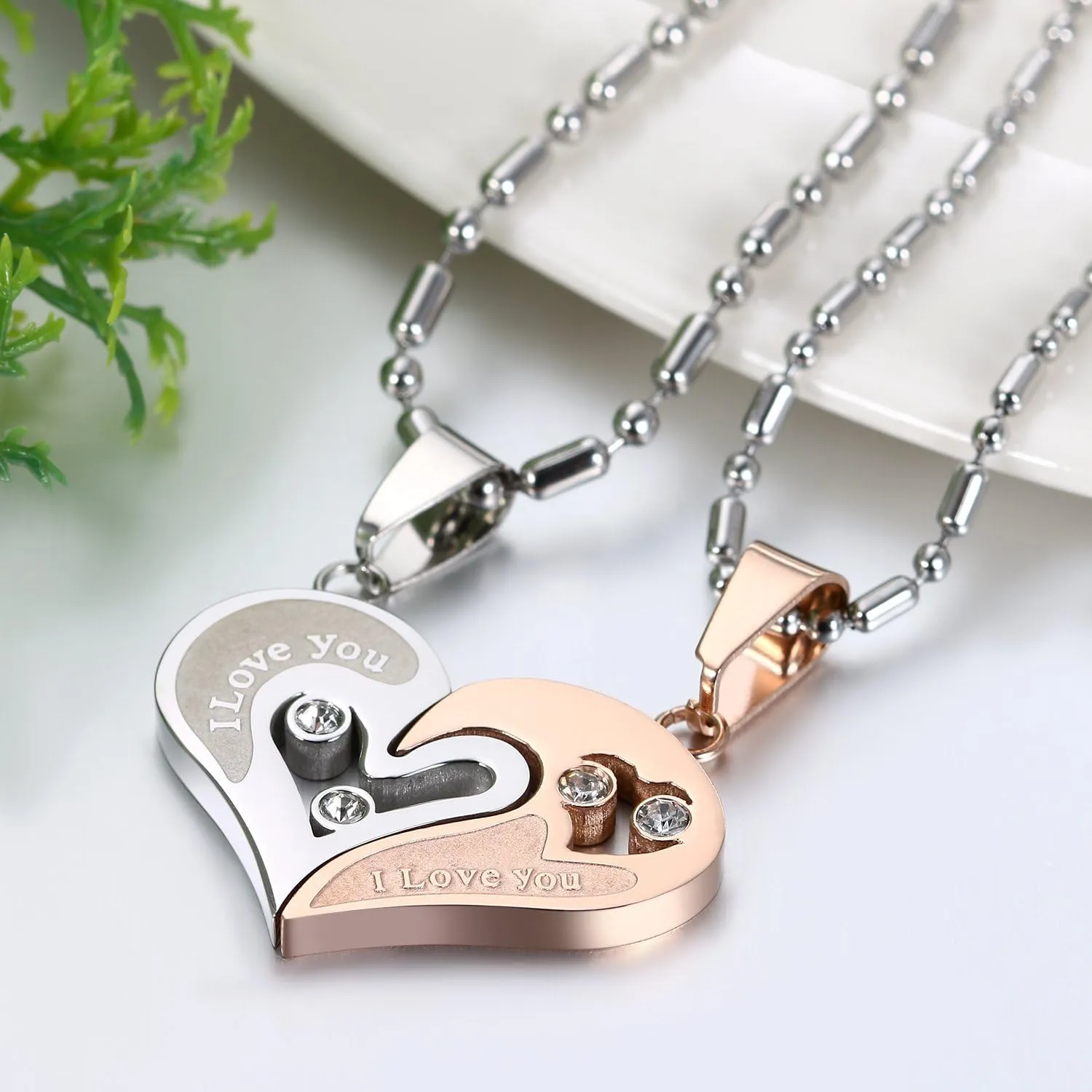Cupimatch 2-Piece Stainless Steel Couple Necklace Rhinestone I Love You Heart Puzzle Matching Pendant with Chain
