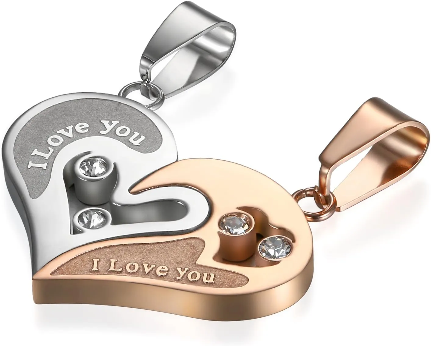Cupimatch 2-Piece Stainless Steel Couple Necklace Rhinestone I Love You Heart Puzzle Matching Pendant with Chain