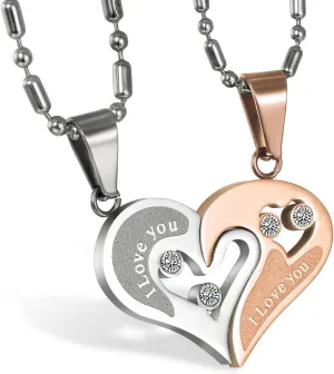Cupimatch 2-Piece Stainless Steel Couple Necklace Rhinestone I Love You Heart Puzzle Matching Pendant with Chain