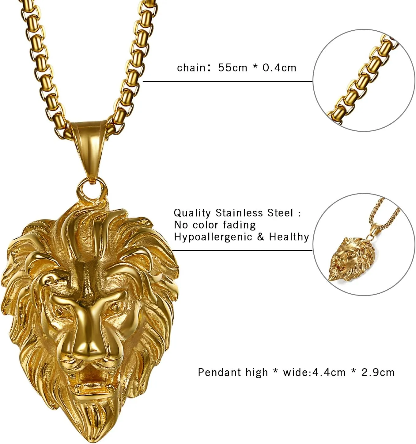 Cupimatch Lion Head Pendant Necklace, Mens Stainless Steel Gothic 22 Inch Biker Link Chain Gold Black