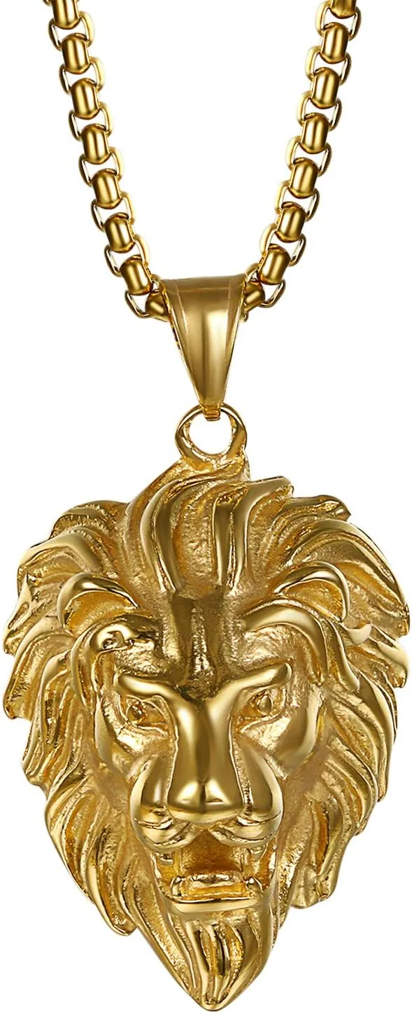 Cupimatch Lion Head Pendant Necklace, Mens Stainless Steel Gothic 22 Inch Biker Link Chain Gold Black