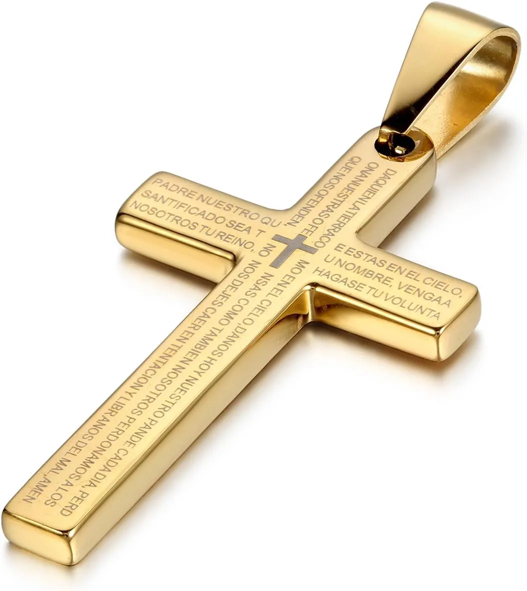 Cupimatch Mens Stainless Steel Religious Bible Lord's Prayer Cross Pendant Necklace, 22" Chain