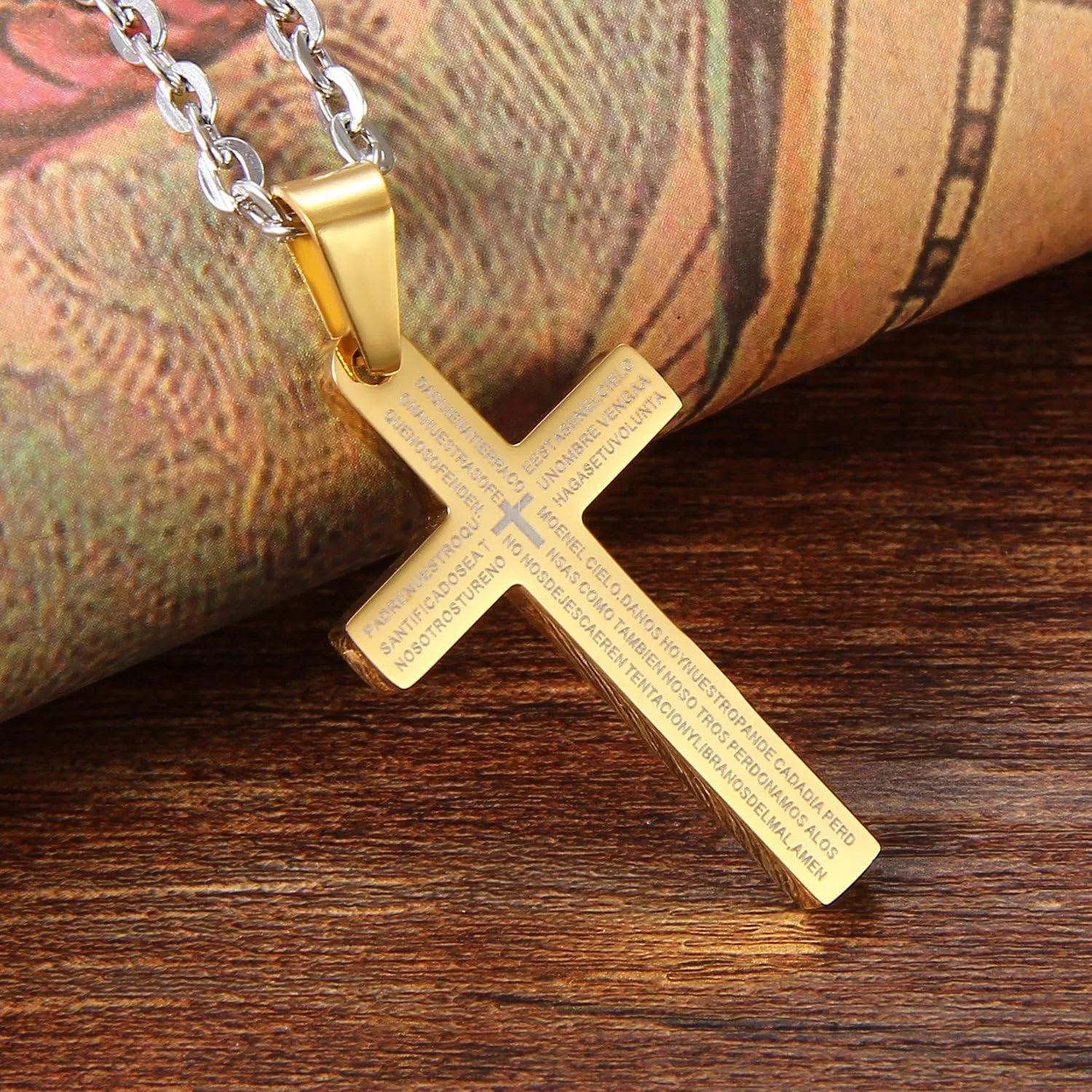 Cupimatch Mens Stainless Steel Religious Bible Lord's Prayer Cross Pendant Necklace, 22" Chain