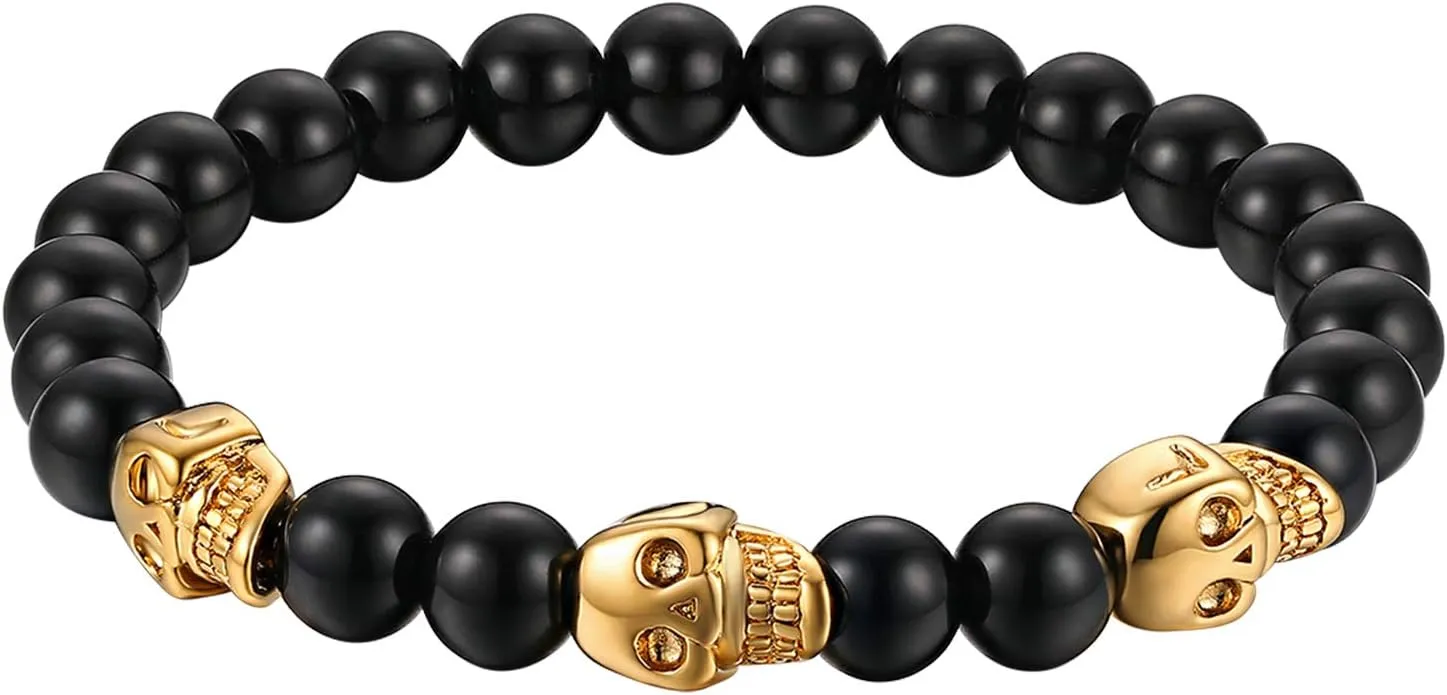 Cupimatch Stainless SteelSkull Bracelet, Mens Skull Bracelet 8mm Buddha Black Beads Stretch Gothic Jewelry