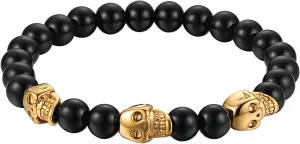 Cupimatch Stainless SteelSkull Bracelet, Mens Skull Bracelet 8mm Buddha Black Beads Stretch Gothic Jewelry