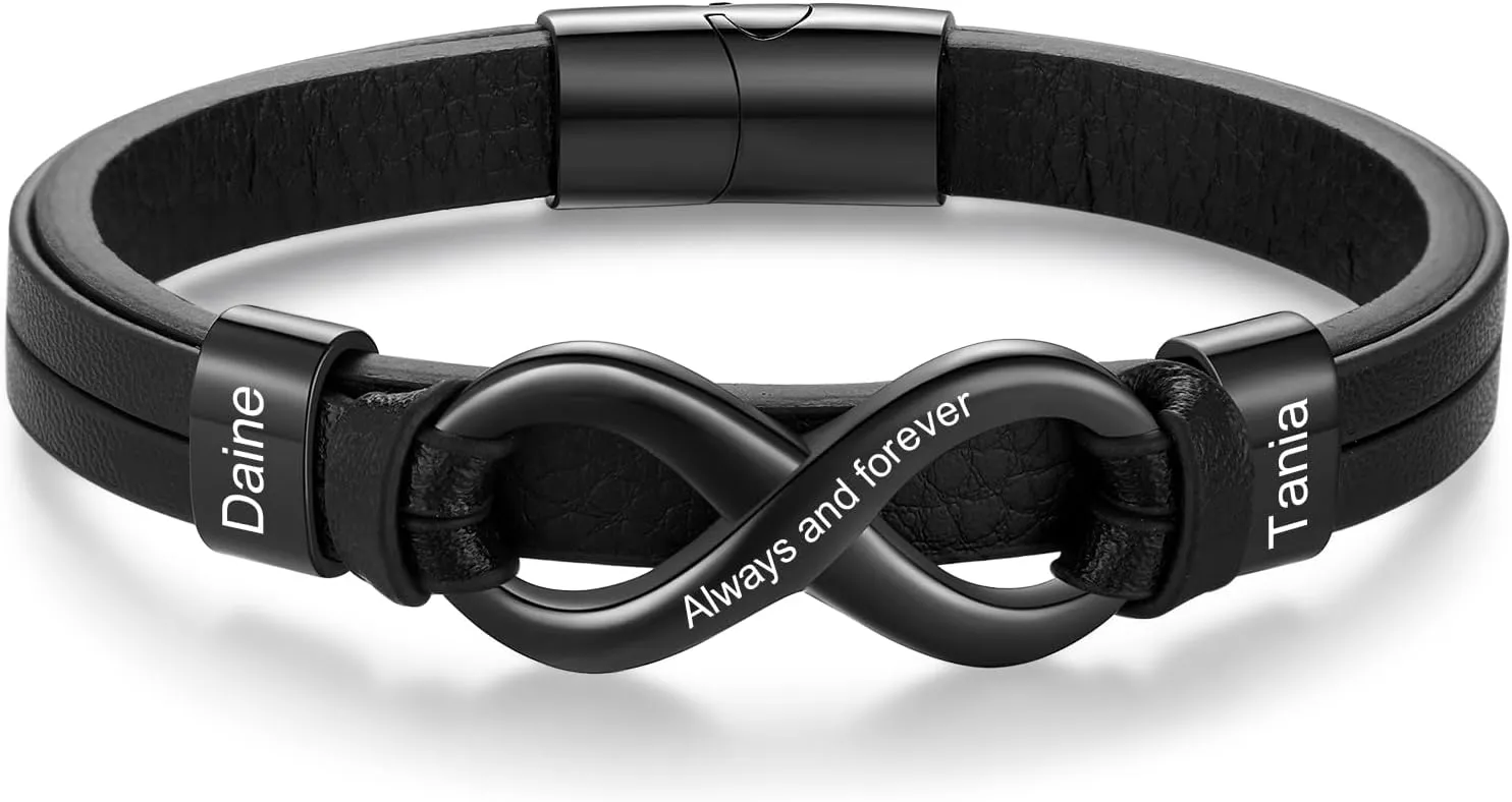 Custom Bracelet for Men Personalized Infinity Leather Bracelets with 2-6 Names Customized Gift for Father's Day