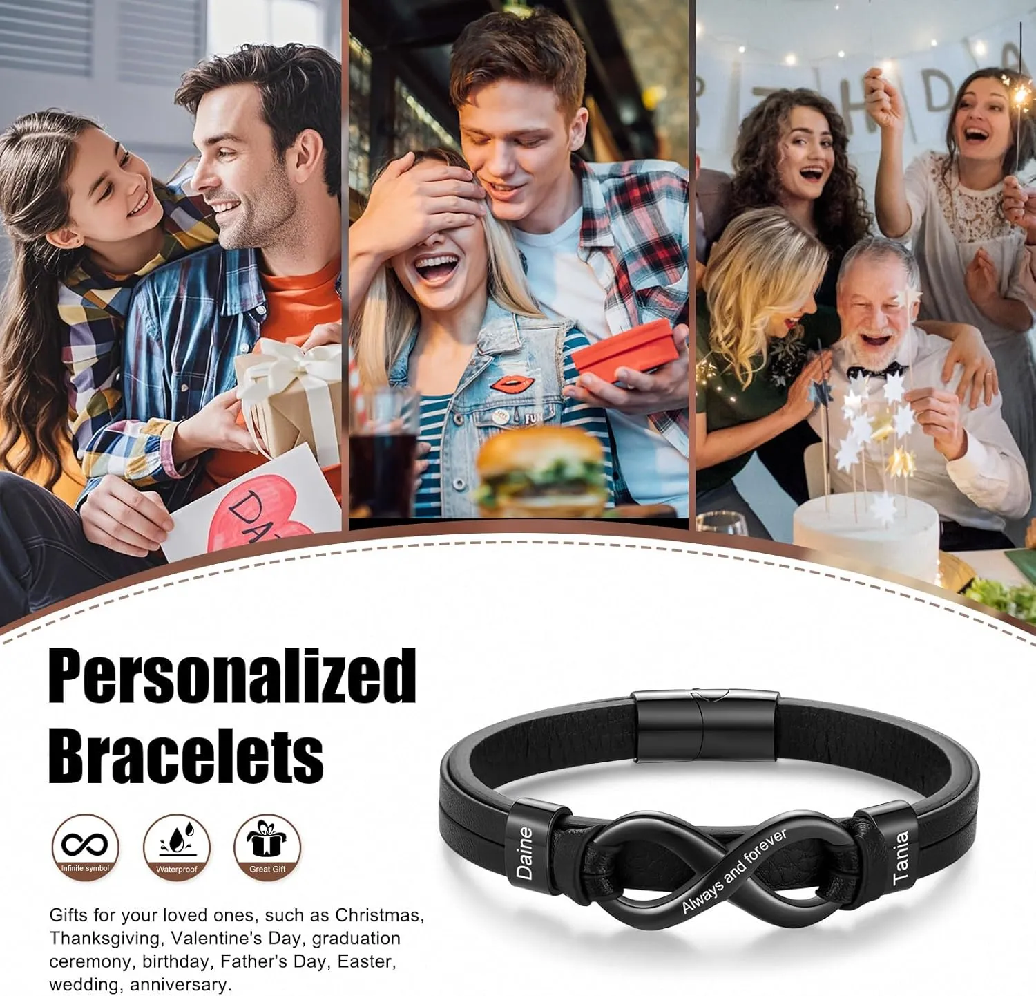 Custom Bracelet for Men Personalized Infinity Leather Bracelets with 2-6 Names Customized Gift for Father's Day