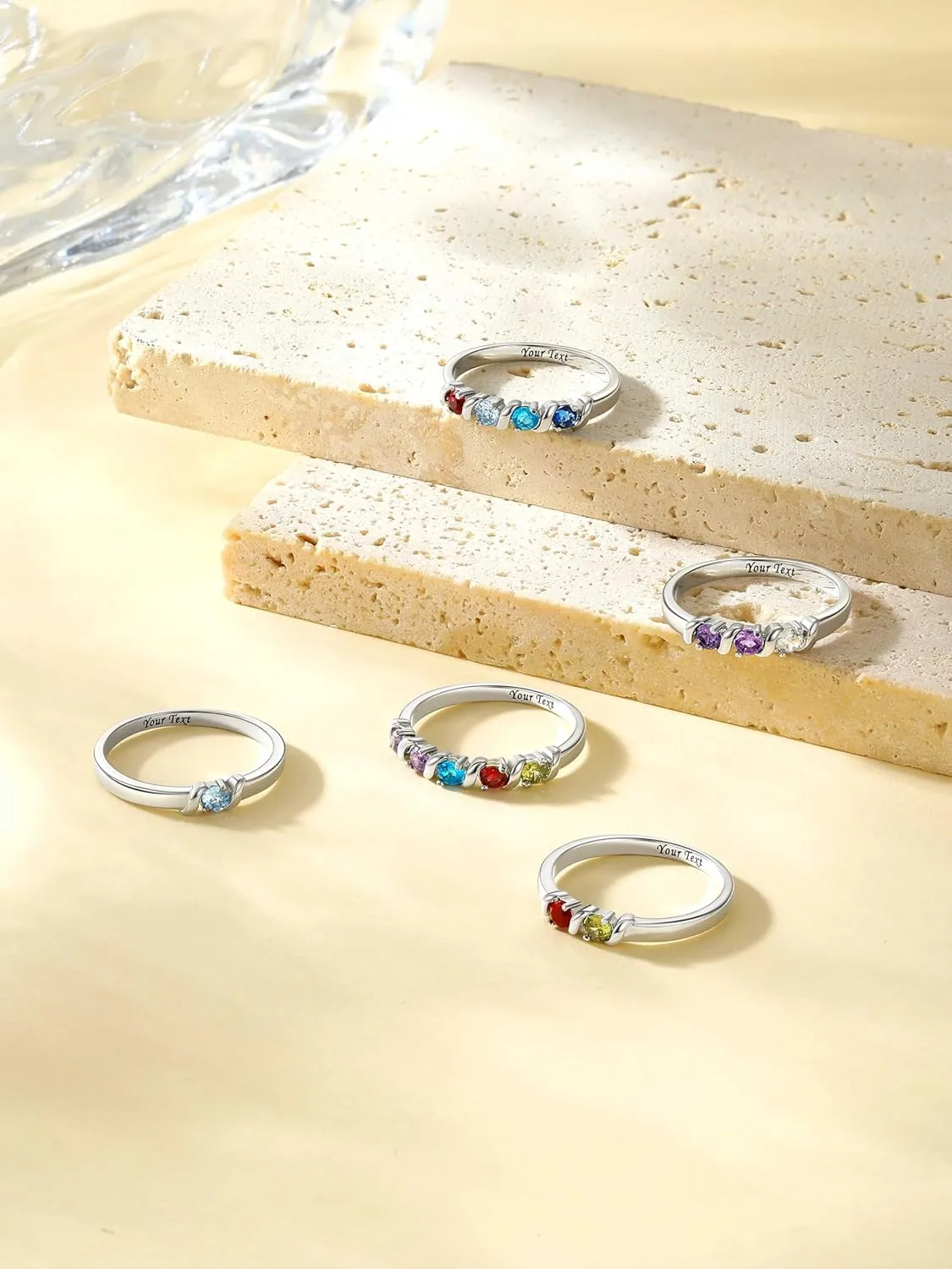 Custom4U Personalized Mothers Ring with 1-5 Birthstones Names Engraved 925 Sterling Silver/14K White Gold Plated Birthstone Rings for Women Promise Ring Birthday Jewelry Gifts for Mom Grandmother Wife
